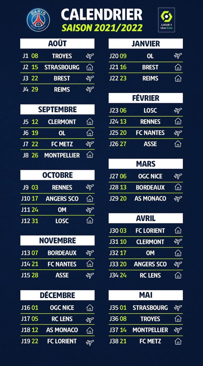 Calendrier 2022 Psg Club : Le calendrier complet du PSG pour la saison 2021/2022 de L1 