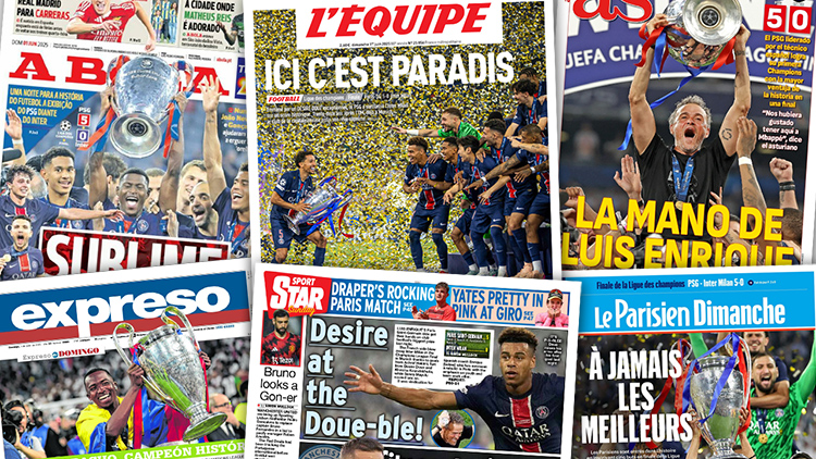 La retentissante et écrasante victoire 5-0 du PSG face à l'Inter Milan en finale de Champions League a ébloui la presse française et internationale. Retour sur les Unes des quotidiens sportifs après la victoire historique des hommes de Luis Enrique.